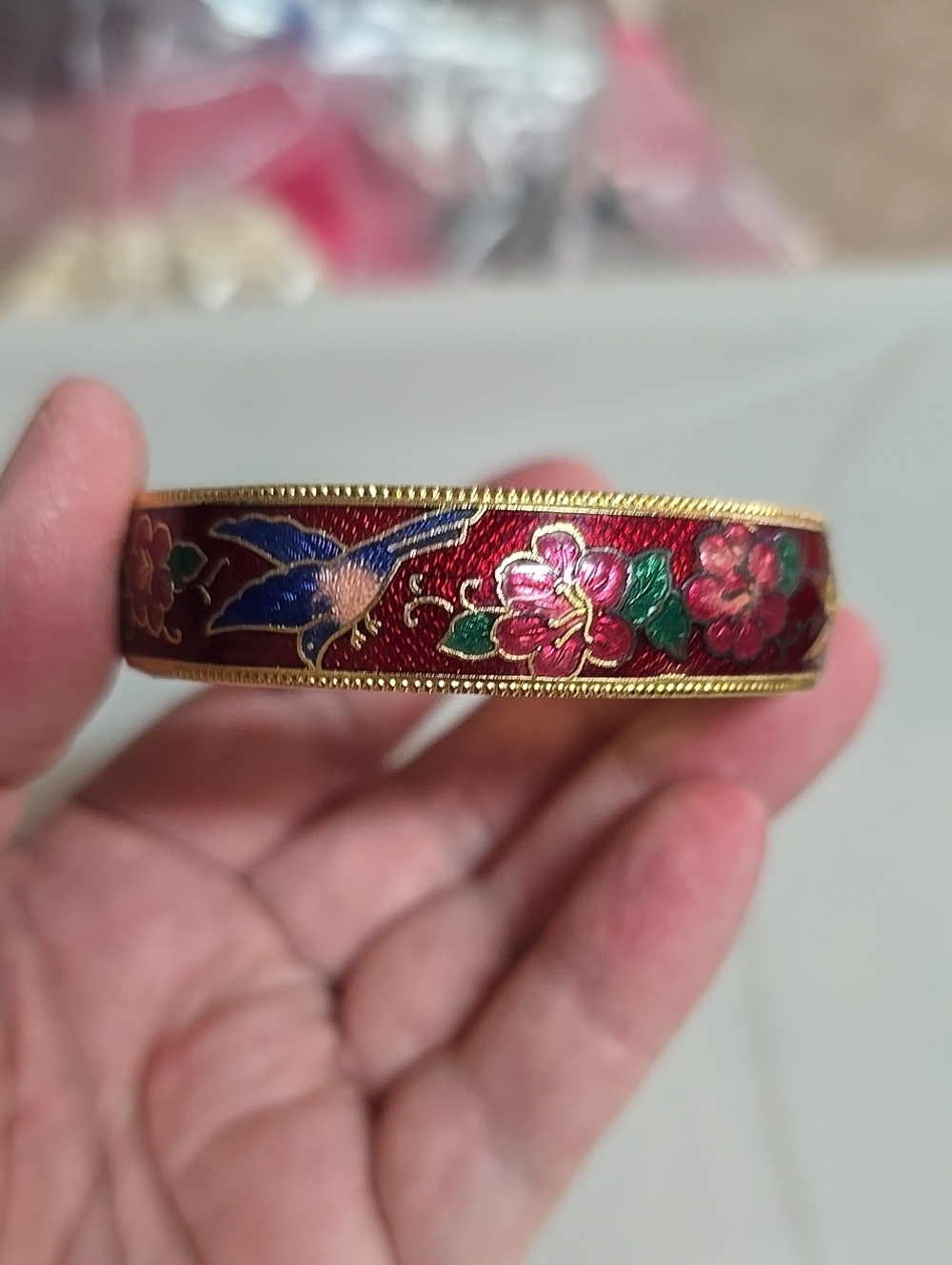 Vintage Red Cloisonné Clamper Bangle Bracelet Floral & Bird